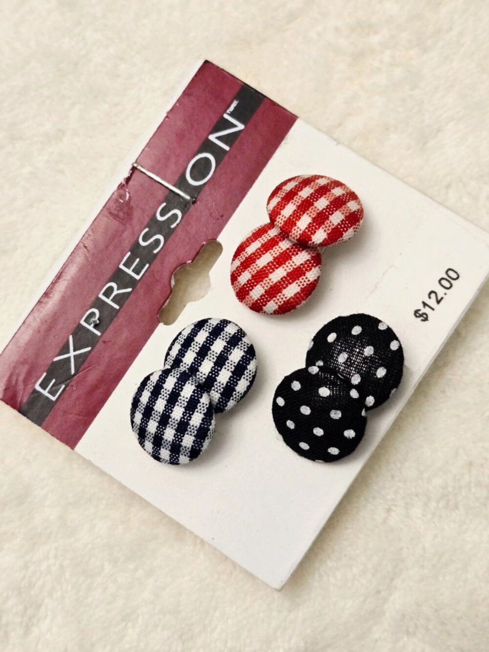 EXPRESSION Women's Check/Polka Dot Fabric Button Push-Back Earrings - NWT